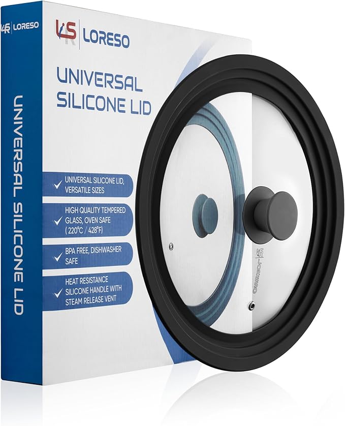 LSR Loreso Universal Pan Lid for Pots Pans and Skillets 10-11.5 Inch - Tempered Glass Pot Lid with Auto-Sizing Silicone Rim - Black