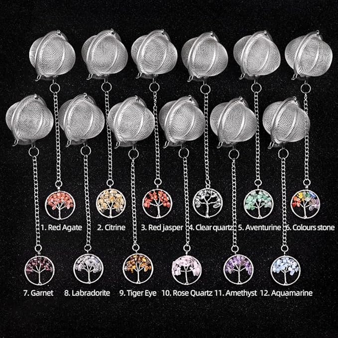 5 Pcs Tea Filter Stainless Steel with Life Tree Crystal Energy Stone Tea Strainers with Fine Mesh Extend Chain Hook Tea Ball Infuser for Loose Tea Leaves Spices Seasonings