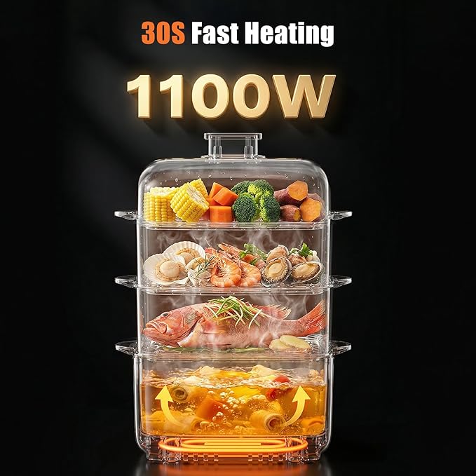 Kawu 16 Quart Food Steamer for Cooking, 4-Tier Electric Vegetable Steamer Hot Pot with Stainless Steel Tray, 1100W Fast Heating, 12H Timer, Keep Warm, Digital Steam Cooker for Grains, Meat & Sea Food