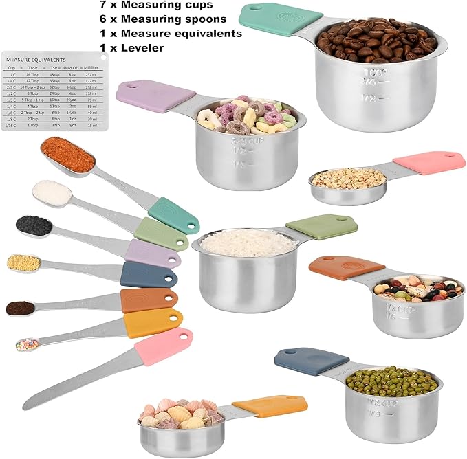 Smithcraft Magnetic Measuring Cups & Spoons Set 15, Stainless Steel Measuring Cups and Spoons Set, Color Heavy Duty Metal Measuring Cups&Spoons Set w/Leveler & Measure Equivalents for Cooking & Baking