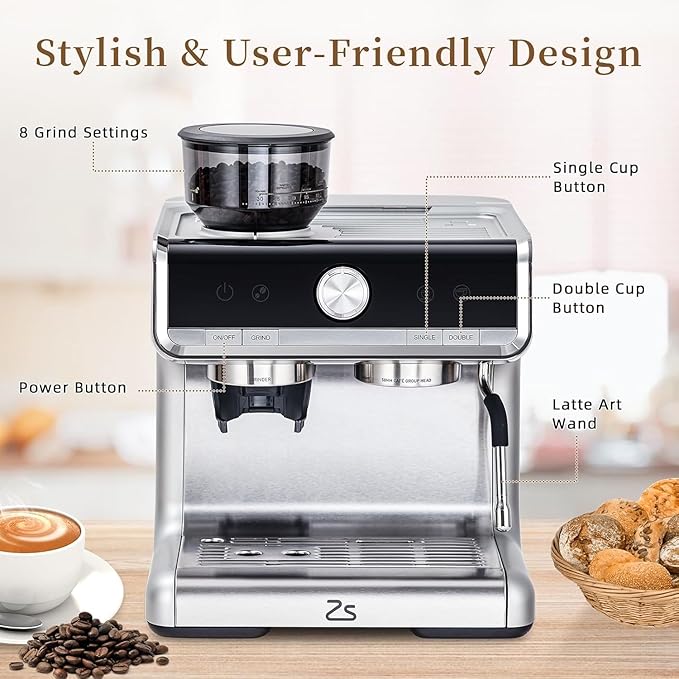 GarveeHome Espresso Machine With Grinder, 20 Bar Semi-Automatic Espresso Coffee Maker With Milk Frother Steamer Wand Cappuccino Latte Macchiato, 95 oz Water Tank, Pid Temperature Control-Silver2