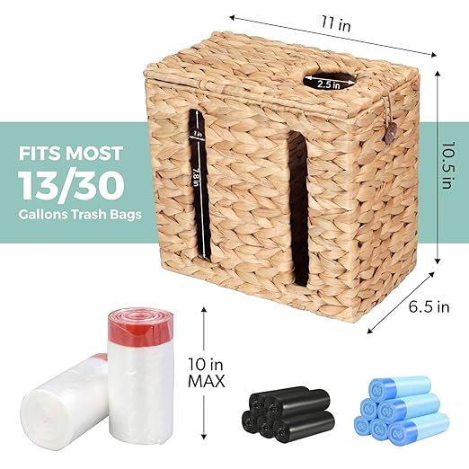 Trash Bag Dispenser with Built-in Dispenser Hinged Lid 13 up to 30 Gallon Garbage Bag Roll Holder Wall Mount Water Hyacinth for Grocery and Plastic Bags Kitchen Under Sink Cabinet (Natural 2)