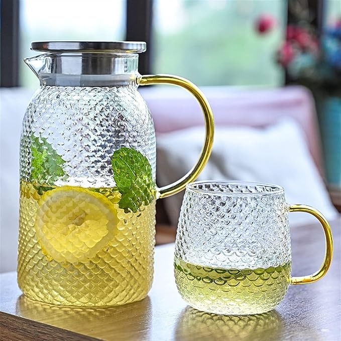 Glass Water Pitcher Set With Stainless Steel Filter, Iced Tea, Juice, Beverage Container, Transparent Hot & Cold Water Jug With Cups