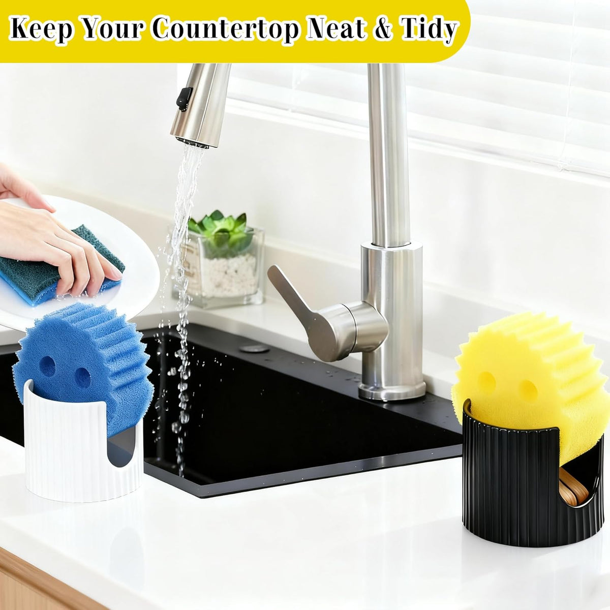 Ceramic Sponge Holder for Kitchen Sink - White Dish Sponge Caddy, Scouring Pads Drying Rack for Countertop