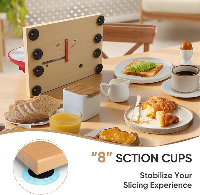 Foldable Extra Large Manual Bread Slicer for Sourdough Bread - Adjustable Thickness & Evenly Slice, with Knob and Scale, Folding Woodbase, Suction Cups and Bread Guide for Bagel, Sandwiches, Toast