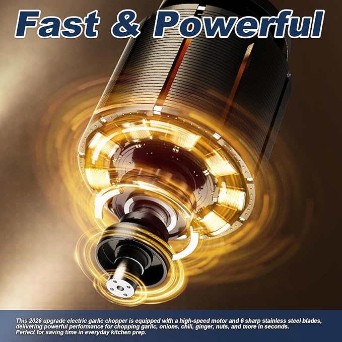 Electric Garlic Chopper, 2026 Upgraded Mini Food Processor 350ml, Cordless USB Rechargeable Food Chopper with 6 Stainless Steel Blades & Thickened Glass for Garlic Ginger Nuts Meat (350ml-Blue)