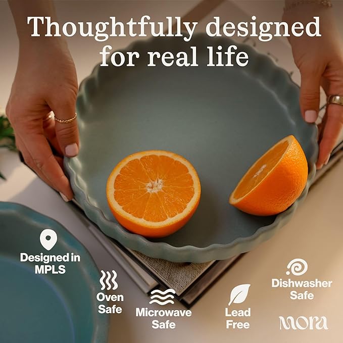 MORA Ceramic Tart Pan, 9.5 Inch Large Porcelain Baking Dish for Tarts, Quiche, Pie, Flan etc. Fluted Ruffled Edge, Oven, Microwave, Freezer, and Dishwasher safe - Great Gift For Bakers - Oat