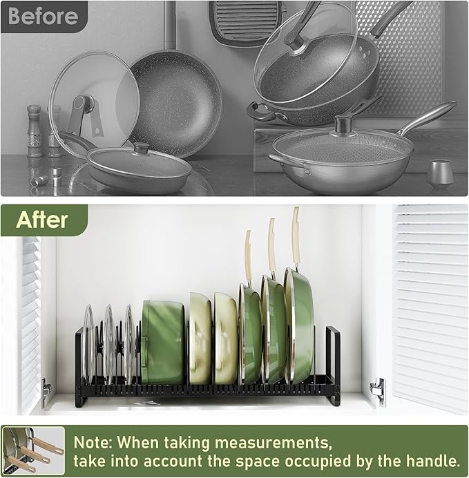 MUDEELA Pot Rack Pan Organizer inside Cabinet - Expandable Pot Lid Organizer for Cabinet with 12 Adjustable Dividers, Cutting Board Organizer Holder Baking Rack Kitchen Cabinet Storage Organization