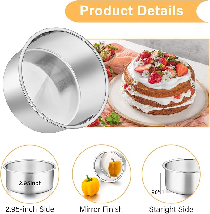 P&P CHEF 6 Inch Cake Pans Set, Round Baking Pan Stainless Steel Layer Birthday Wedding Cake Oven Pans, Non Toxic & Heavy Duty, Deep Side & Mirror Finish, Dishwasher Safe, (2Pcs)