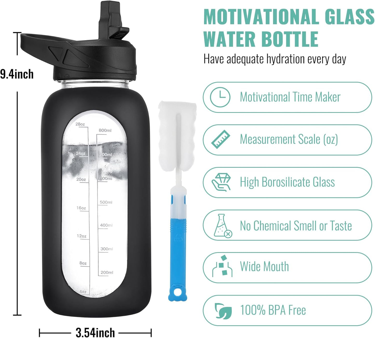 CIVAGO 32 oz Glass Water Bottle with Straw and Handle, Large Sports Motivational Water Bottle Flask with Time Marker and 2 Lids, Leakproof Water Jug Canteen with Silicone Sleeve for Gym,Camelia