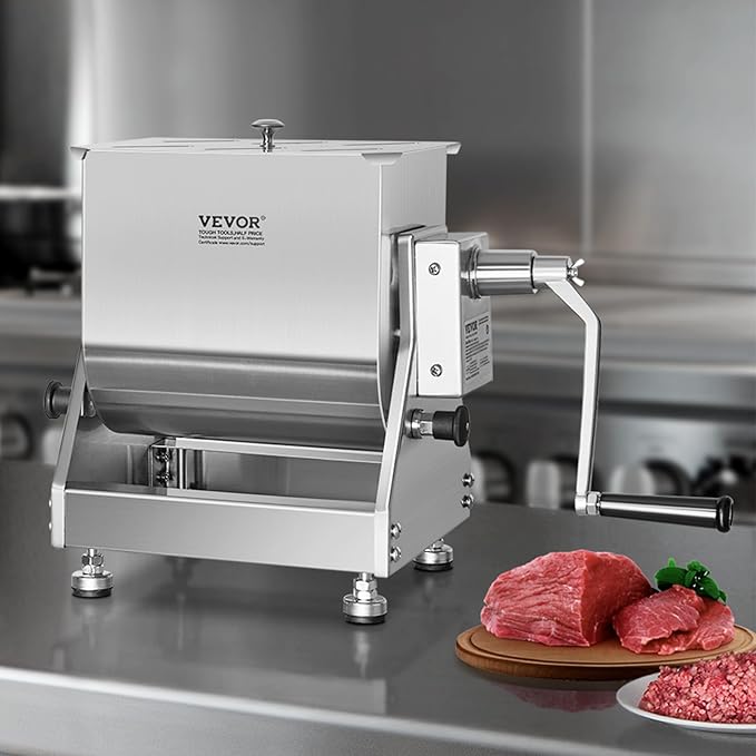 VEVOR Manual Meat Mixer, 15 Pound Capacity Tilt Tank Meat Mixer, Stainless Steel Meat Processing Equipment, Sausage Mixer Machine with Lid and Handle, Ground Beef Hand Mixer, Silver