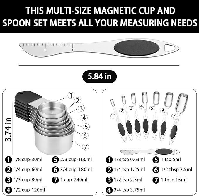 Magnetic Measuring Cups and Spoons Set, 7 Stainless Steel Measuring Cups and 7 Rectangular Metal Teaspoon with 1 Leveler for Cooking & Baking (Black)