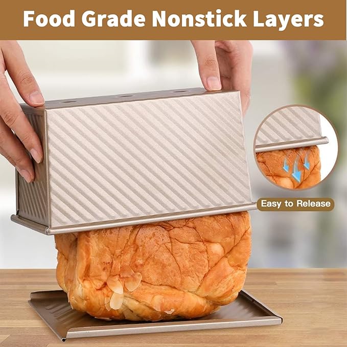 Amagabeli Pullman Loaf Pan with Lid Nonstick Bakeware 9”x4” Carbon Steel Corrugated 1 lb Bread Toast Box Mold for Cooking Oven Baking Roasting Toaster Bake Mold Homemade Cakes Baking Golden