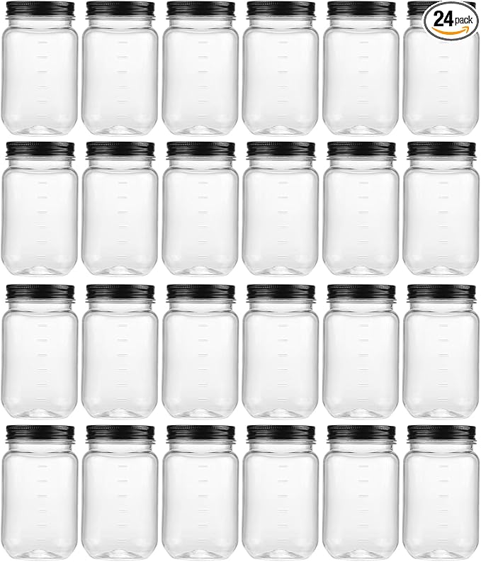 novelinks 16 oz Clear Plastic Jars with Lids, Refillable 16oz Mason Jars with Lids & Storage Containers for Kitchen & Household Use (24 Pack,Black)