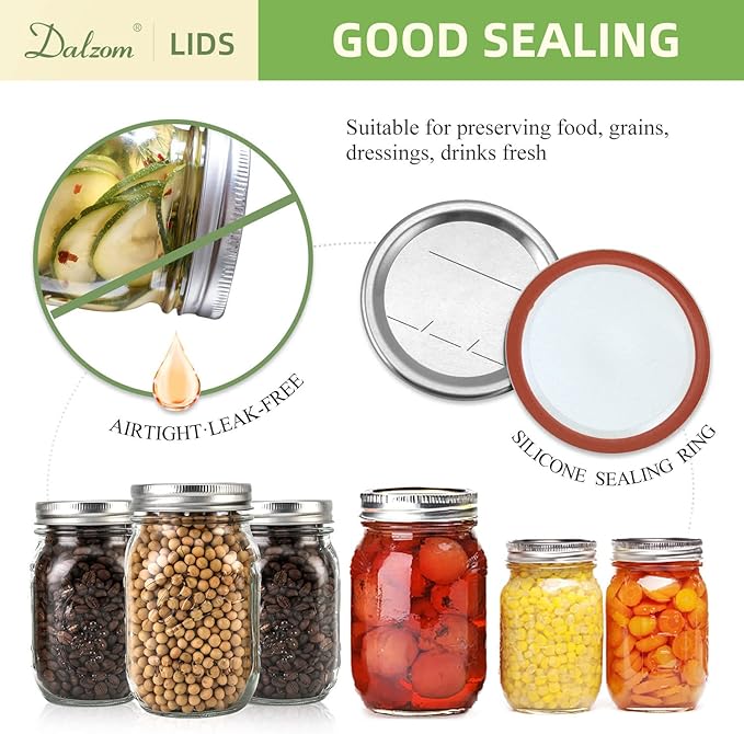 Dalzom® 72Pcs Canning Lids Wide Mouth, Premium Mason Jar Lids for Ball, Kerr Jars - Food Grade Material, 100% Fit & Airtight for Wide Mouth Mason Jars