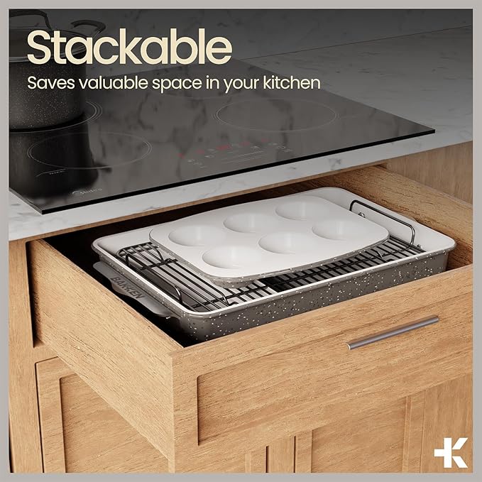 Bakken 8-Piece Stackable Bakeware Set - Ceramic Non-Stick Coating, Baking Sheets, Assorted Baking Pans, PTFE, PFOA & PFOS Free - Healthy Baking, Ergonomic Handles, Cooling Rack, Non-Toxic, Oven-Safe