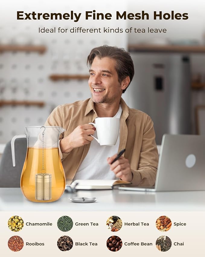 Tea Infusers for Loose Leaf Tea, Extra Fine Mesh Tea Strainer, Updated Slim Threaded Lid 304 Stainless Steel Tea Steeper with Drip Tray for Tea, Spices & Seasonings