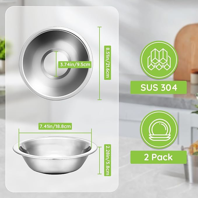 304(18/8) Stainless Steel Mixing Bowls for Kitchen, 2 Pack 8.7" 34.88 fl.oz Metal Mixing Bowls Set Stackable for Baking Serving Cooking Food Prep Storage Dishwasher Safe Lightweight
