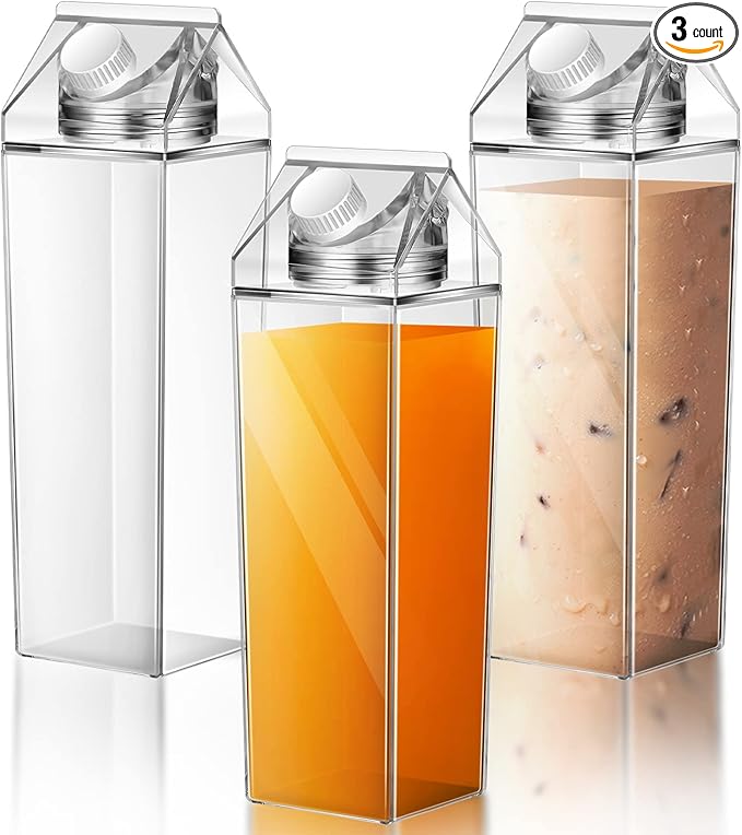 Remerry 3 Pcs Milk Carton Water Bottle Square Plastic Coffee Portable Reusable Milk Carton Cup Leakproof Juice Bottle