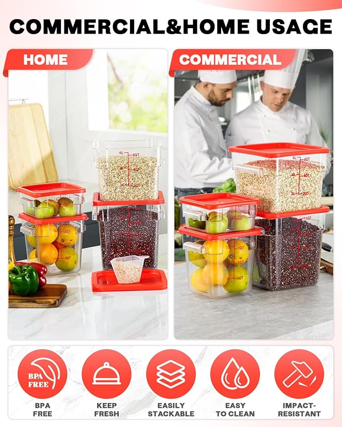 2QT NSF Food Storage Containers: 8 PCS [Food Grade][Hot&Cold Resistant] Commercial Clear Square Food Storage Containers with Scales Handles for Home Restaurant Kitchen Proof Dough(BPA FREE)