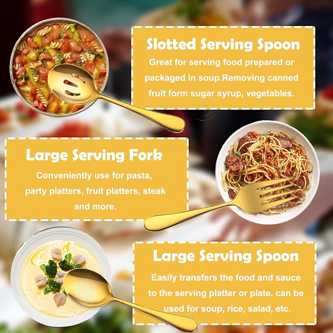 6 PCS Stainless Steel Serving Utensils, Large Serving Spoons Slotted Spoons, Forks, Ice Suger Tongs, Cake Server, Soup Ladle, Metal Utensils Set Great for Buffet Catering Banquet Party, Gold