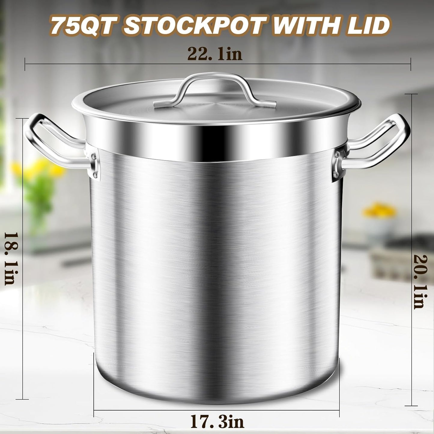 Stainless Steel Cookware Stockpot, 75 Quart Heavy Duty Induction Soup Pot With Stainless Steel Lid Commercial Grade Stock Pot for Soup, Stew, Canning, Even Heat Distribution