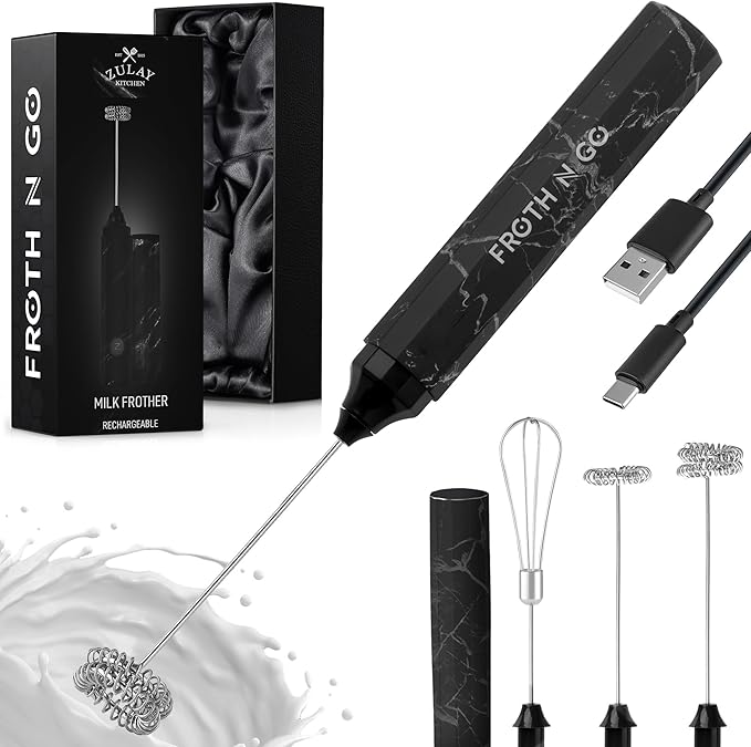 Zulay Froth N Go Milk Frother – Rechargeable 3-in-1 Handheld Frother Wand with Travel Case & USB-C Charger – Single, Double & Egg Whisk for Latte, Cappuccino, Matcha, Protein Shakes – Black Marble