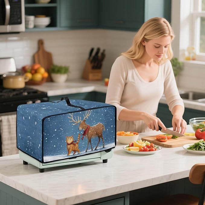 Air Fryer Toaster Oven Dust Cover Countertop Microwave Dust Cover Protector, Compatible with Convection Oven, S, 14.5 x 18.5 x 9 Inches, Reindeer Cat Christmas Decor