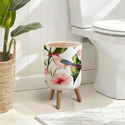 Trash Can with Lid Seamless floral summer pattern tropical palm leaves hummingbirds Press Top Round Small Garbage Bin with Wooden Legs Waste Basket for Kitchen Bedroom Nursery 7L/1.8 Gallon