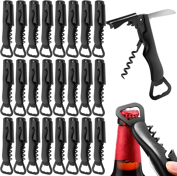 Hushee 24 Pcs Wine Opener Bulk with Foil Cutter Corkscrew Key 3 in 1 Red Bottle Opener Professional Stainless Steel Beer Corkscrew for Beverages Bartenders Summer Party(Black)
