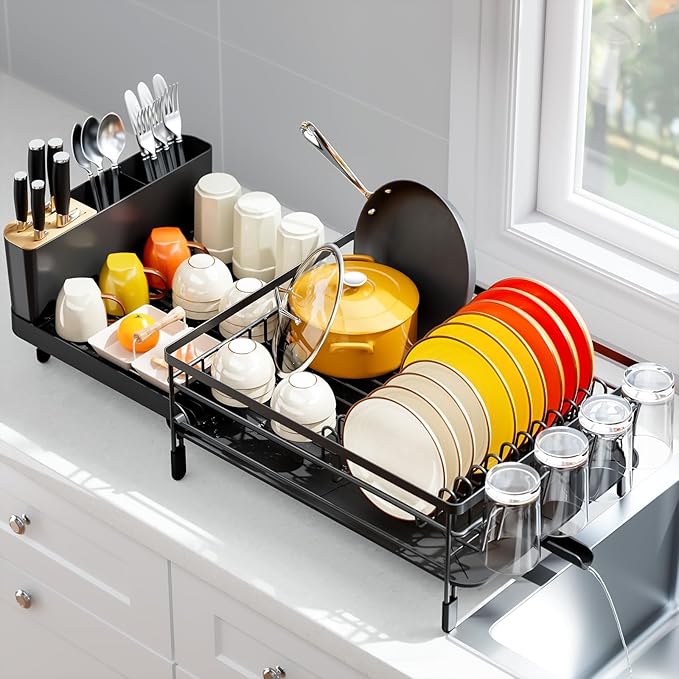 Urackify Large Dish Drying Rack, Expandable Dish Racks for Kitchen Counter, Multifunctional Dish Drainer with Utensil Holder & Cup Holder, 18.5"-26.7" L x 12.7" W, Black