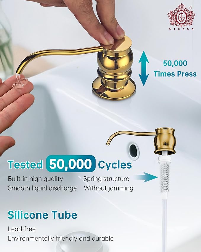 Brass Kitchen Soap Dispenser,Gold in Sink Liquid Dish Soap Dispenser, Under Sink Hand Metal Dispenser Pump, 47.2" Silicone Long Tube for 0.79 "- 1.38" Bottle Mouths