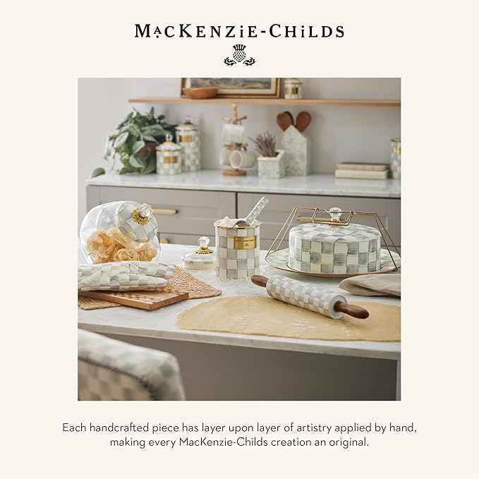 MACKENZIE-CHILDS Enamel Compote, Cute Enamel Pedestal Serving Dish or Decorative Bowl, Large, Gray-and-White Sterling Check