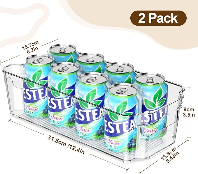 Clear Fridge Organizer, Refrigerator Organizer Bins with Handle, Freezer, Kitchen Cabinet, Pantry Organization, BPA Free Fridge Organizers (12.4 inch 2 Pack)