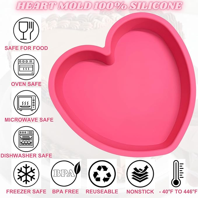 Heart Shaped Cake Pans 8 Inch – Set of 2 Nonstick Silicone Heart Cake Pan for Baking, Oven & Microwave Safe Molds – Durable, Easy-Clean Matte Surface - Grade Novelty Shaped Cake Pans (Pink)