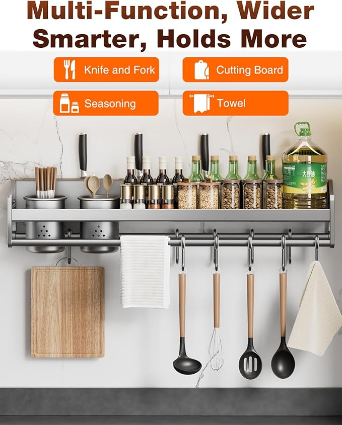 utensil hanger, wall mounted kitchen rail with hooks, waterproof hooks for kitchen utensils, easy installation without drilling (15.8 inches, Cup, 1)