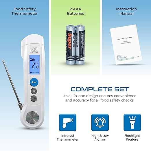 Sper Scientific Dual Function Infrared & Probe Food Safety Thermometer 800115 - Non-Contact Infrared Surface Temperature & Foldable Probe for Internal Temps, Fast & Accurate for Kitchens & more - 4 pc