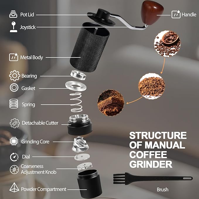 Detachable Manual Coffee Grinder with 25 Level Stainless Steel Conical Burr Portable Aluminum Coffee Bean Grinder Suitable for Moka Pot Espresso French Press Pour Over Maker Easy Cleaning with Brush