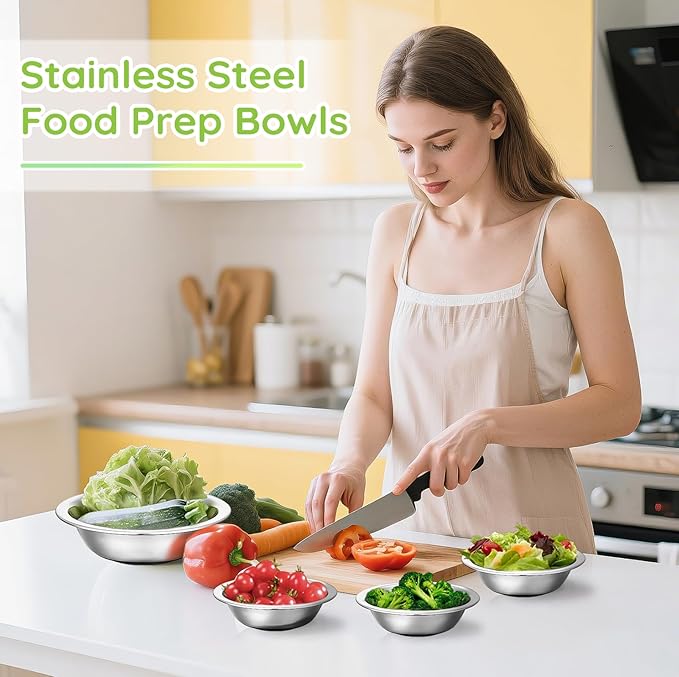 304(18/8) Stainless Steel Mixing Bowls for Kitchen, 10 Pack 8.7" 34.88 fl.oz Metal Mixing Bowls Set Stackable for Baking Serving Cooking Food Prep Storage Dishwasher Safe Lightweight