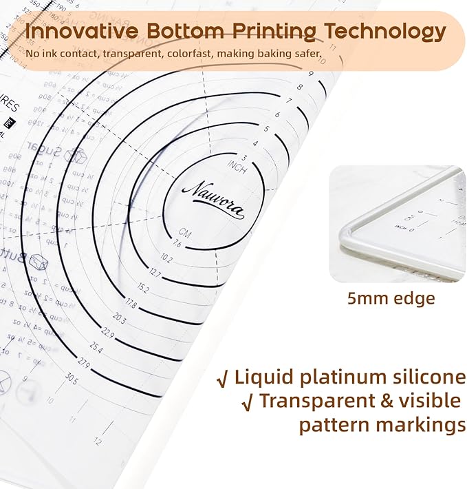 Extra Large Silicone Pastry Mat 24" - Non-Slip Liquid Silicone Baking Sheet with Measurements Anti-Spill Edge - Food Grade Dough Rolling Mat for Kneading Pie Crust, Bottom Marker, Transparent