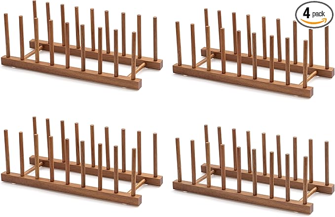HBlife 4pcs Acacia Wooden Dish Dying Rack Pot Lid Plate Organizer Holder for Cabinet, Cutting Board Stand Drainer Storage Plate Rack for Dish, Pot Lid, Bowl, Cup, Cutting Board and Books