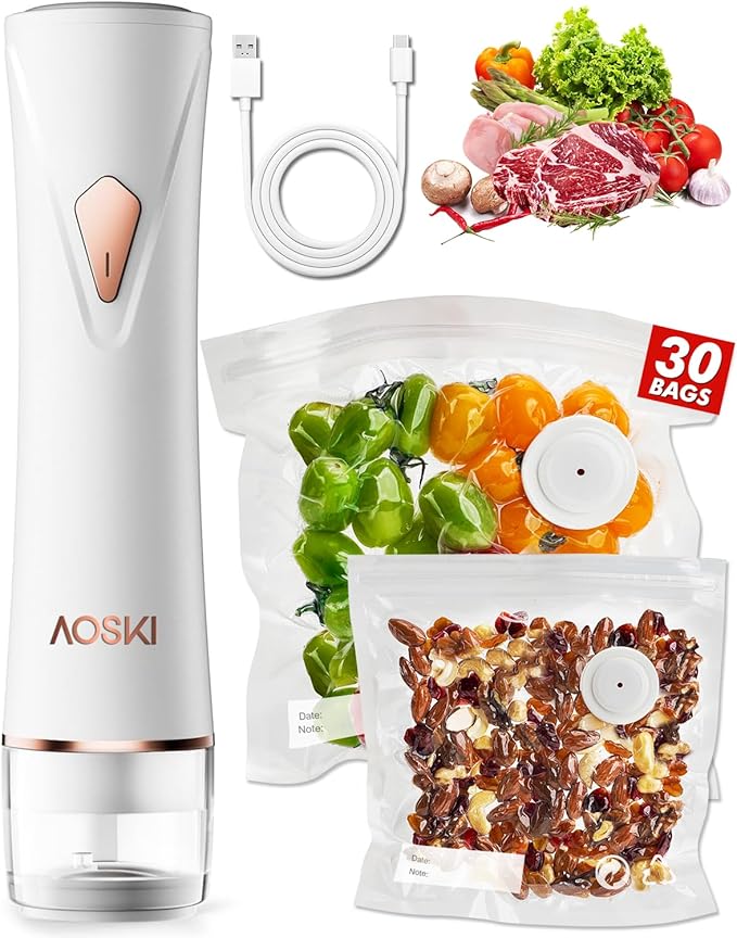 Preserve Compact Vacuum Sealer: Portable Vacuum Sealer Machine for Food Storage with 30 Reusable Vacuum Bags, Rechargeable Food Sealer Fresh Saver for Seal Meal Prep, Freezer, Storage, Sous Vide