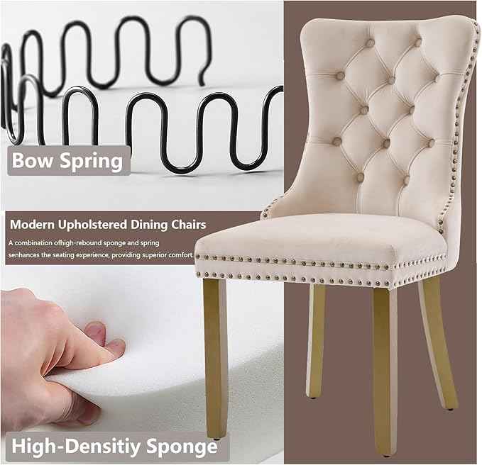 Velvet Dining Chairs Set of 2, Modern Tufted Dining Room Chair, Upholstered Dining Chairs with Lion Head Pulls Ring and Golden Solid Wood Legs, Luxury Kitchen Chairs for Dining Room, Beige