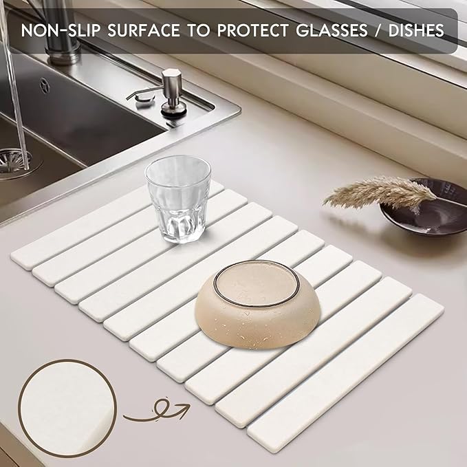 Large Stone Dish Drying Mats for Kitchen Counter, 24"(L)×16"(W), Quick Drying Collapsible Dish Drying Mats, Eco-Friendly Absorbent Diatomaceous Earth Mats for Dishes Bottles Cups, Match Any Countertop