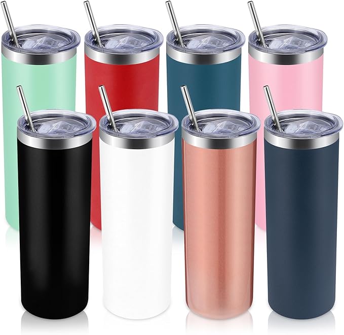 Volhoply 8 Pack Skinny Tumblers with Lid and Straw, 20oz Stainless Steel Straight Tumbler Bulk, Vacuum Insulated Coffee Mug for Home, Office, Travel, DIY (Mix Color,8 Pack)