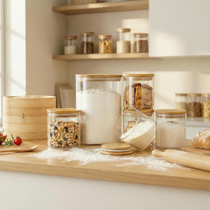 Extra Large Square Glass Flour & Sugar Storage Containers with Airtight Lids, 168 floz & 84 floz - 2 Pack Glass Jars with Bamboo Lids, Air tight Food Storage Containers for Cereal, Pasta, Rice