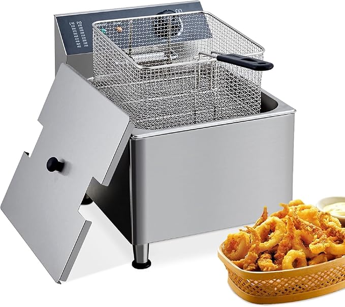 GarveeHome Commercial Deep Fryer 11 L/3.3 gal 1700W,110V|6 LB Basket with 304 Stainless Steel & Rapid Heating System | Splash Guard Lid for Restaurant, Food Truck, Home Kitchen