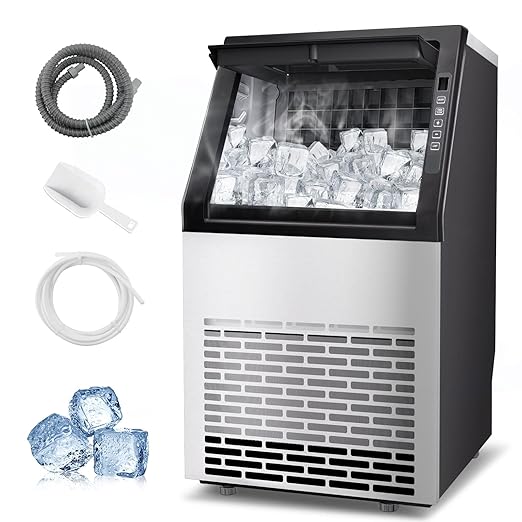 Commercial Ice Machine, 99LBS/Day Stainless Steel Freestanding Large Ice Maker, 36 Cubes in 11Mins, 24H Timer, Self-Cleaning, Ideal for Restaurant, Bars, Home and Offices