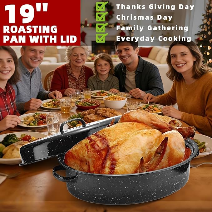 19Inch Roasting Pan, Enamel on Steel, Black Covered Oval Roaster Pan with Lid, Medium Cookware for Turkey, Small Chicken, Roast Baking Pan.