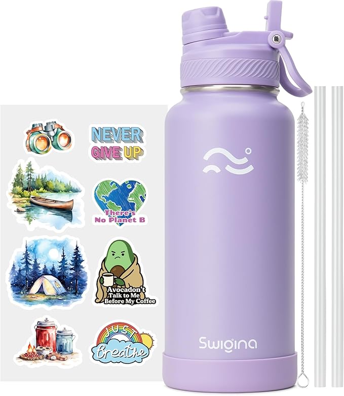 Swigina [2-IN-1 LID] Insulated Water Bottle with Silicone Boot (36hrs Cold/18hrs Hot) - DIY Stickers, Leakproof, BPA Free, 32 oz